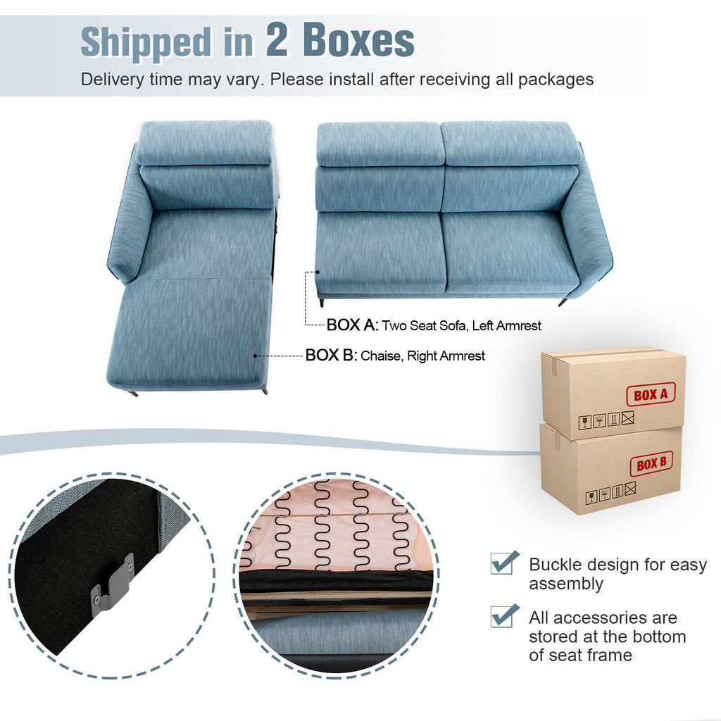 105 Inch L-Shaped Sofa Couch with Adjustable Headrests, Blue