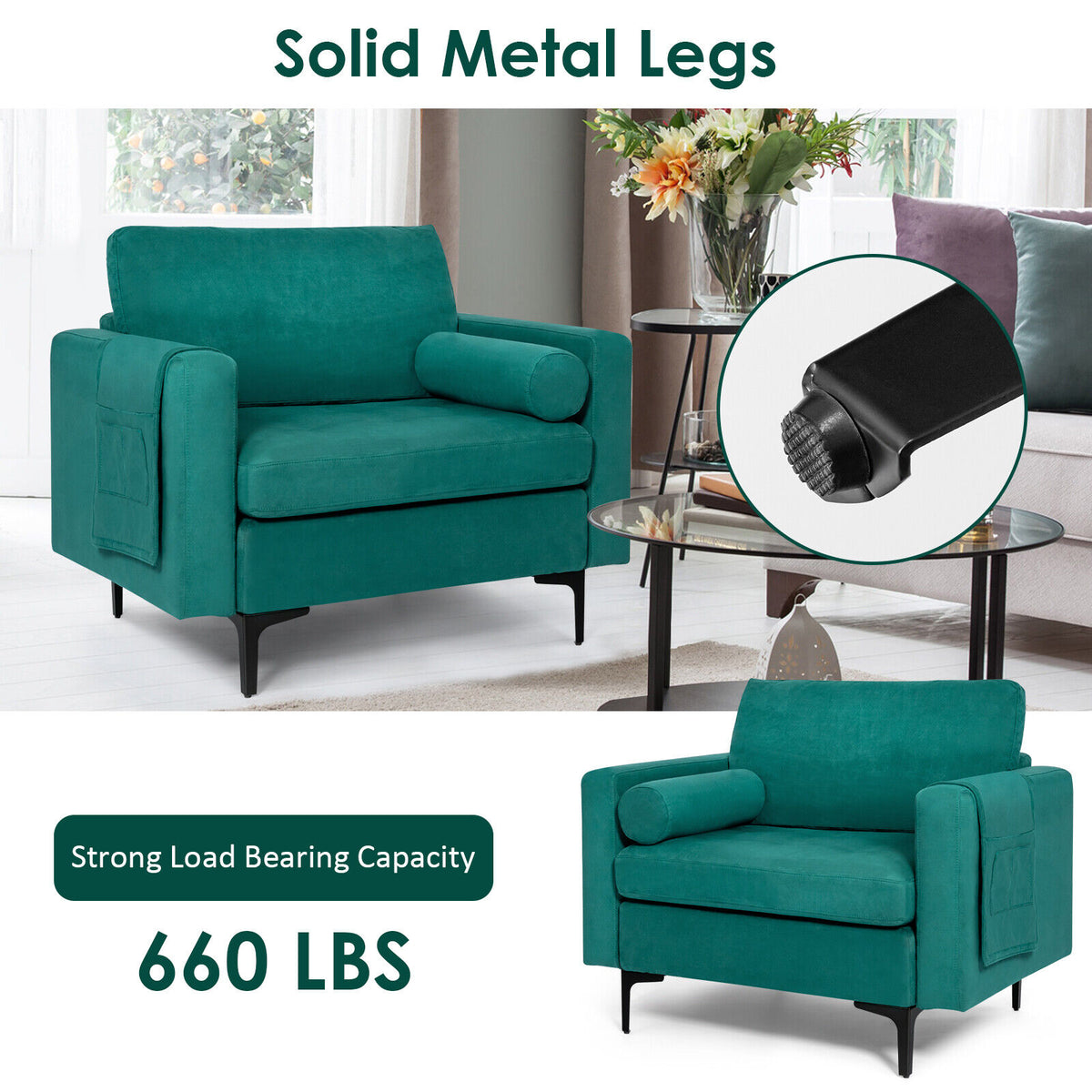Modern Accent Chair with Storage Pocket, Teal