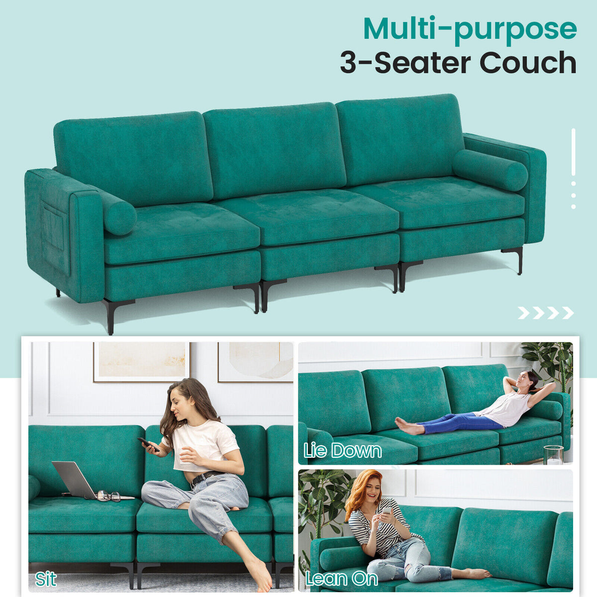 3-Seat Sofa with USB Ports and Storage - Teal