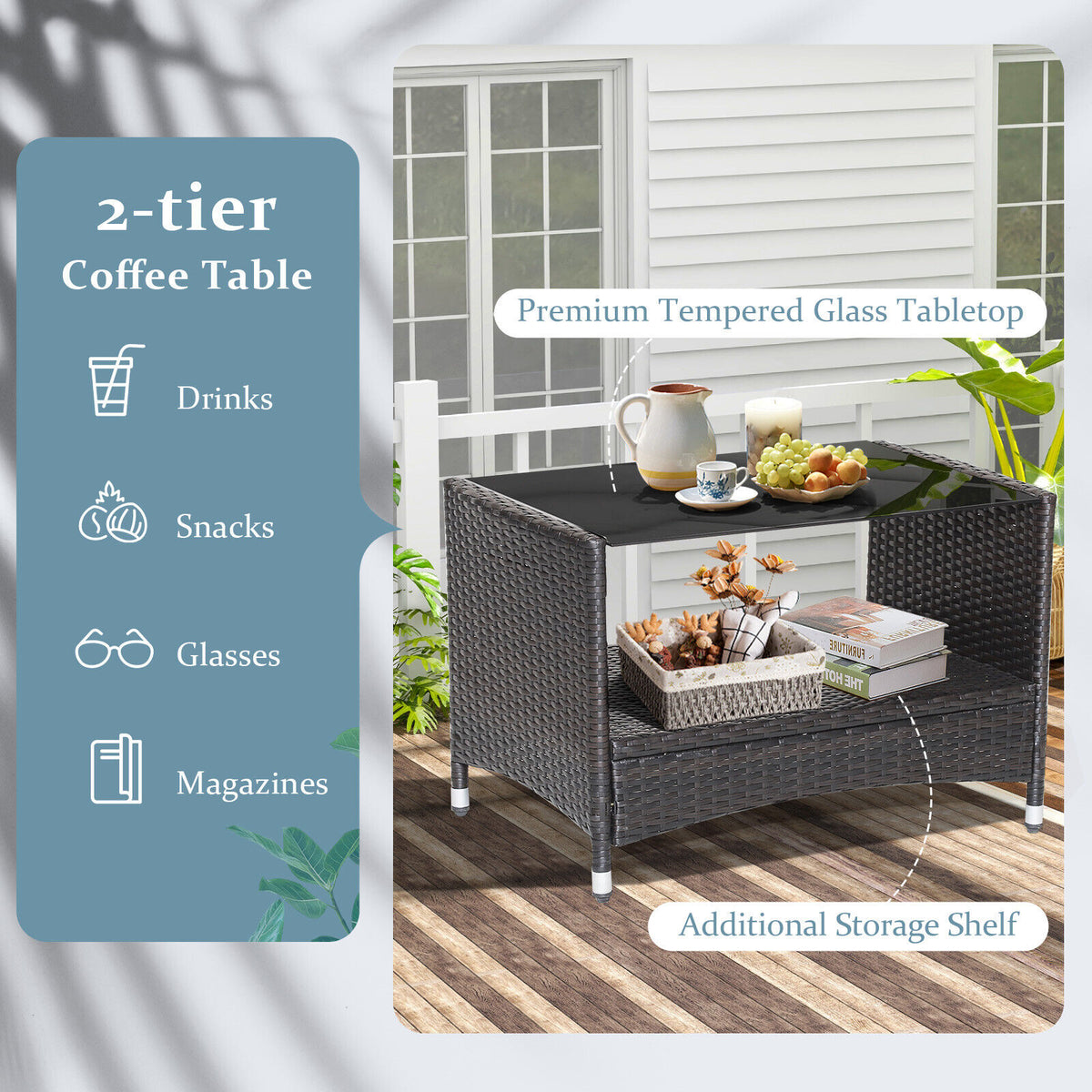 4-Piece Patio Conversation Set with Cushions & Tempered Glass Table