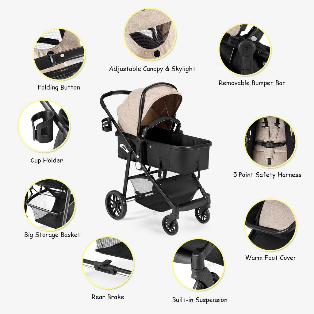 2-in-1 Foldable Infant Baby Stroller with Cup Holder - Light Brown, Newborn to 36 Months