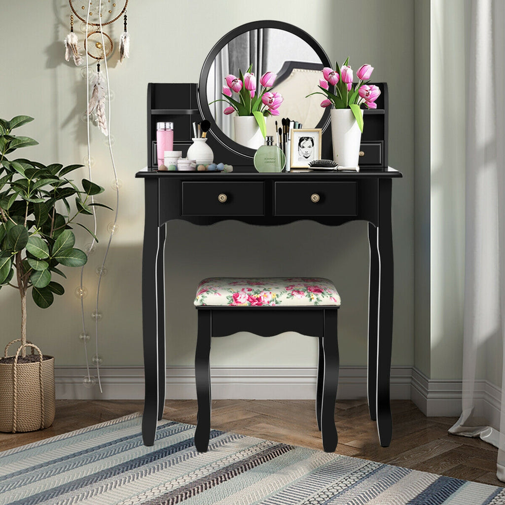 Makeup Vanity Table Set with 360° Mirror & Stool – Black