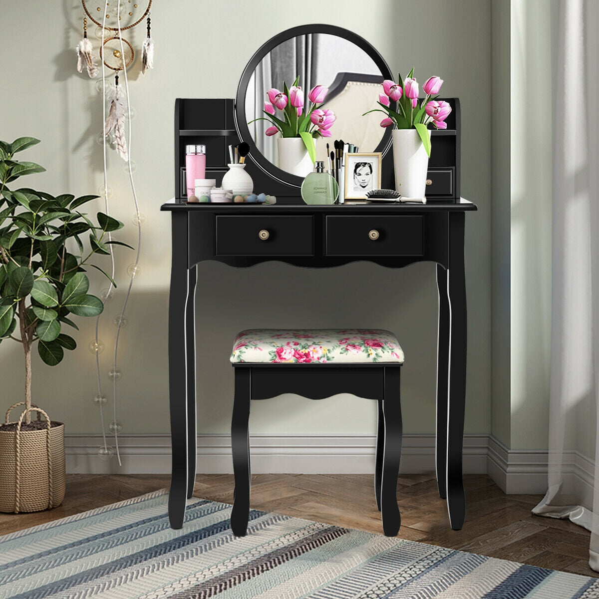 Makeup Vanity Table Set with 360° Mirror & Stool – Black