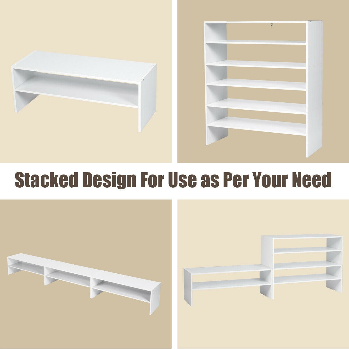 3-in-1 Wood Shoe Rack Stackable Storage Organizer - White