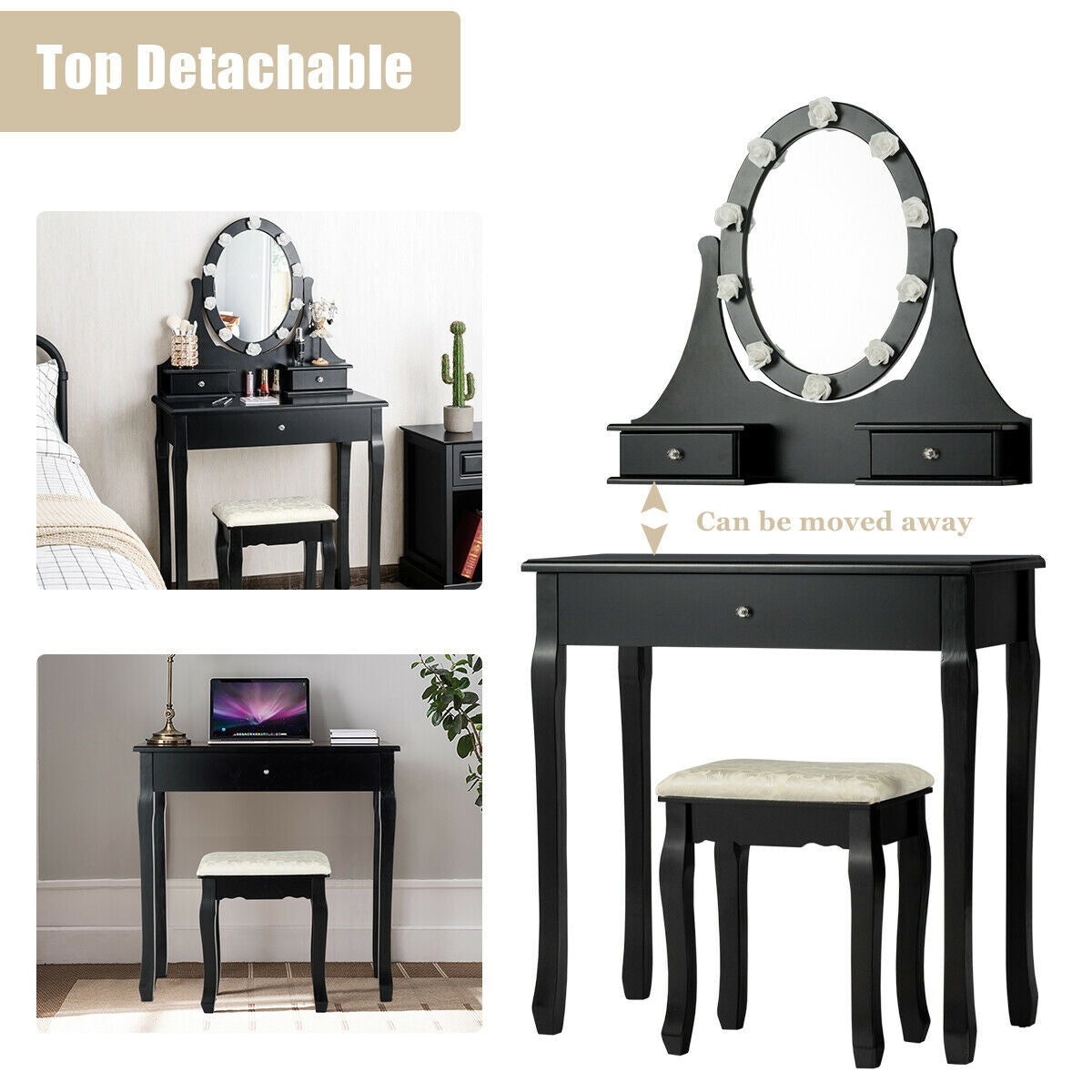 Lighted Dressing Table with 3 Drawers & Stool - Black, Style 2