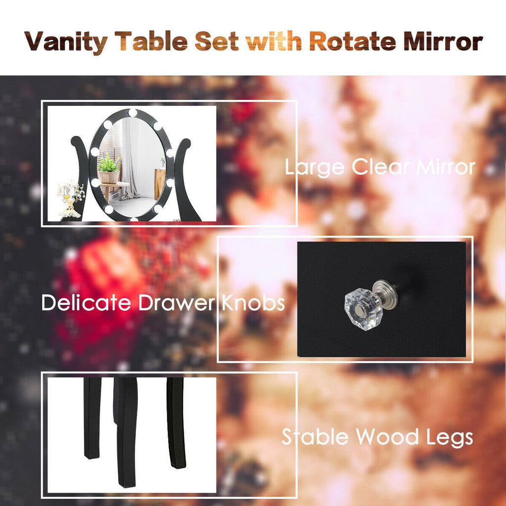Dimmable Vanity Table with Lighted Mirror and Cushioned Stool, Black