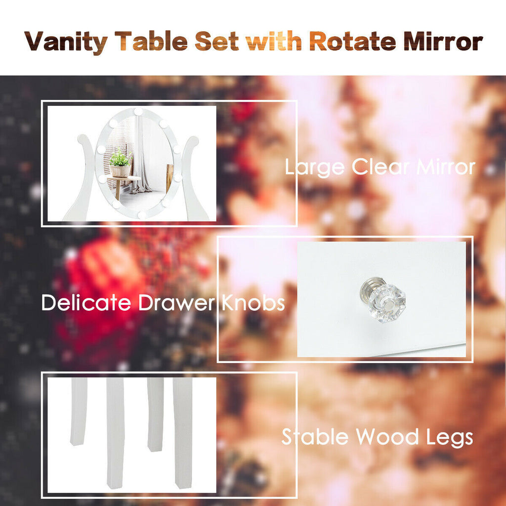 Dimmable Vanity Table Set with Lighted Mirror and Cushioned Stool, White