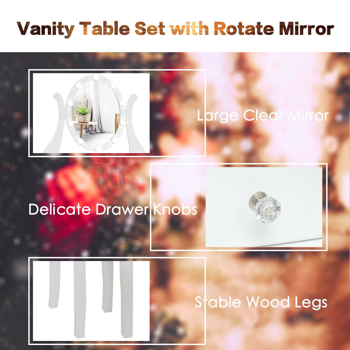 Dimmable Vanity Table Set with Lighted Mirror and Cushioned Stool, White