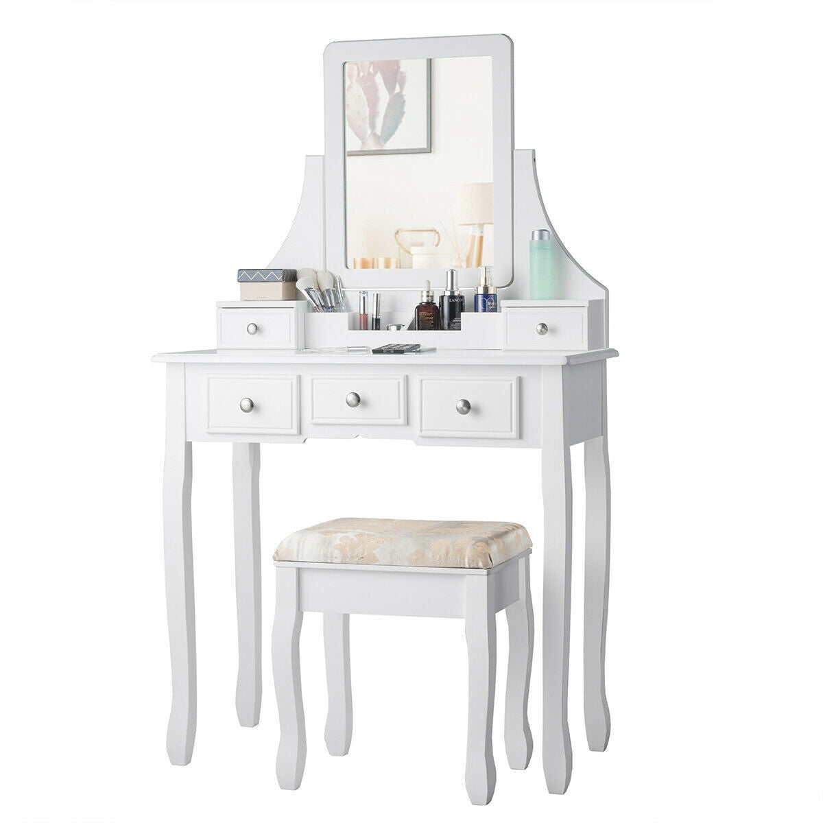 Makeup Vanity Set with Mirror and Cushioned Stool, White
