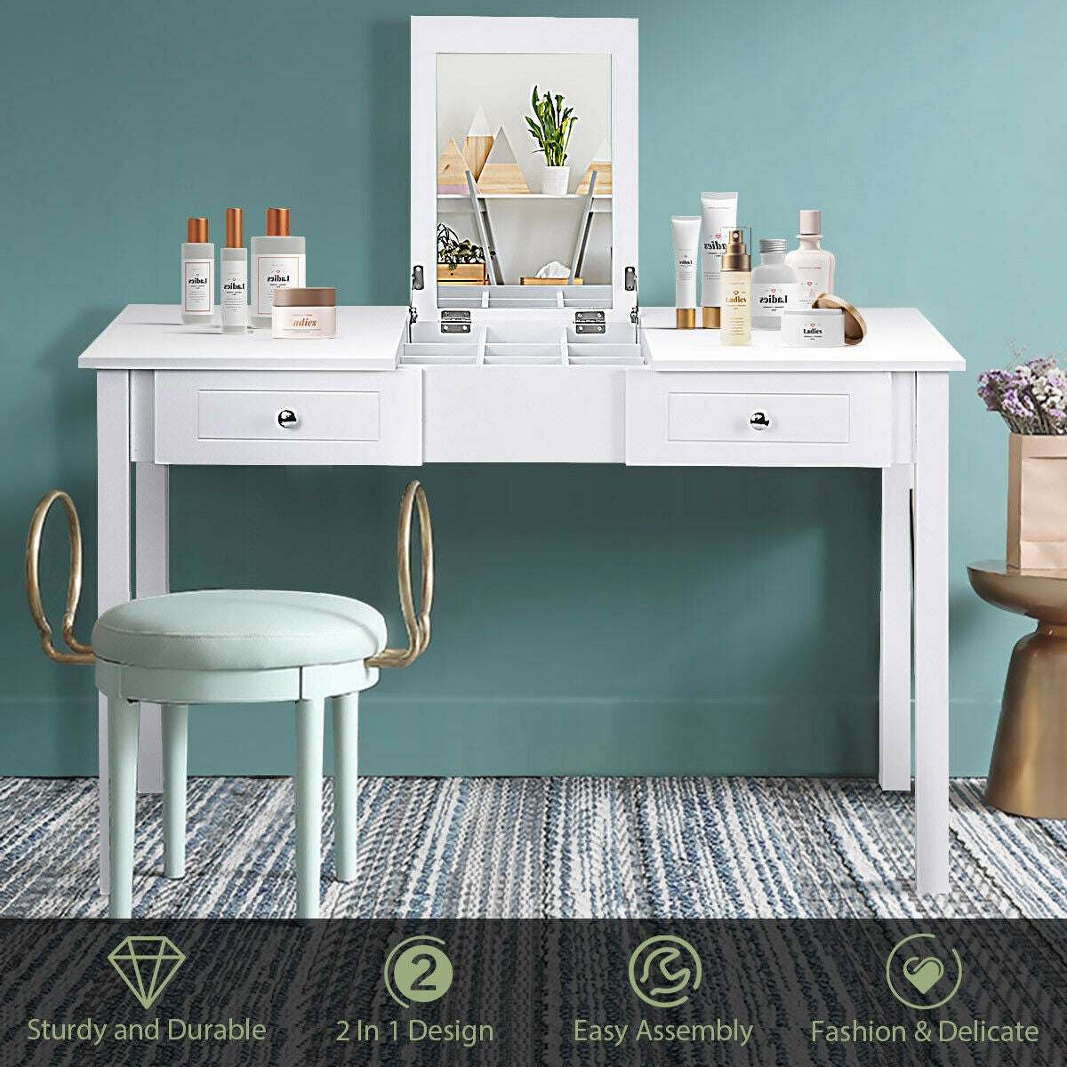 Vanity Dressing Table with Flip Top Mirror and 2 Drawers
