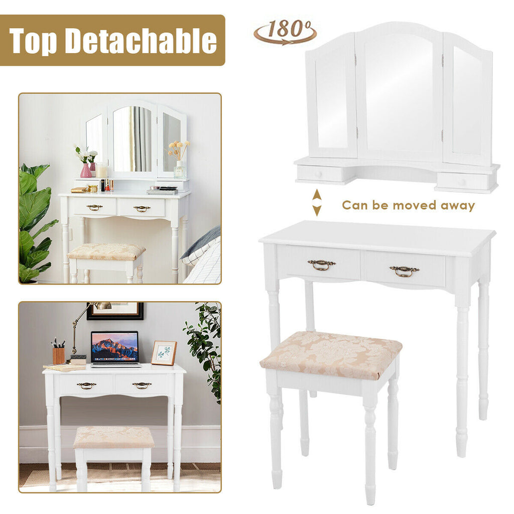 Makeup Vanity Set with Tri-Fold Mirror, 4 Drawers & Stool - White