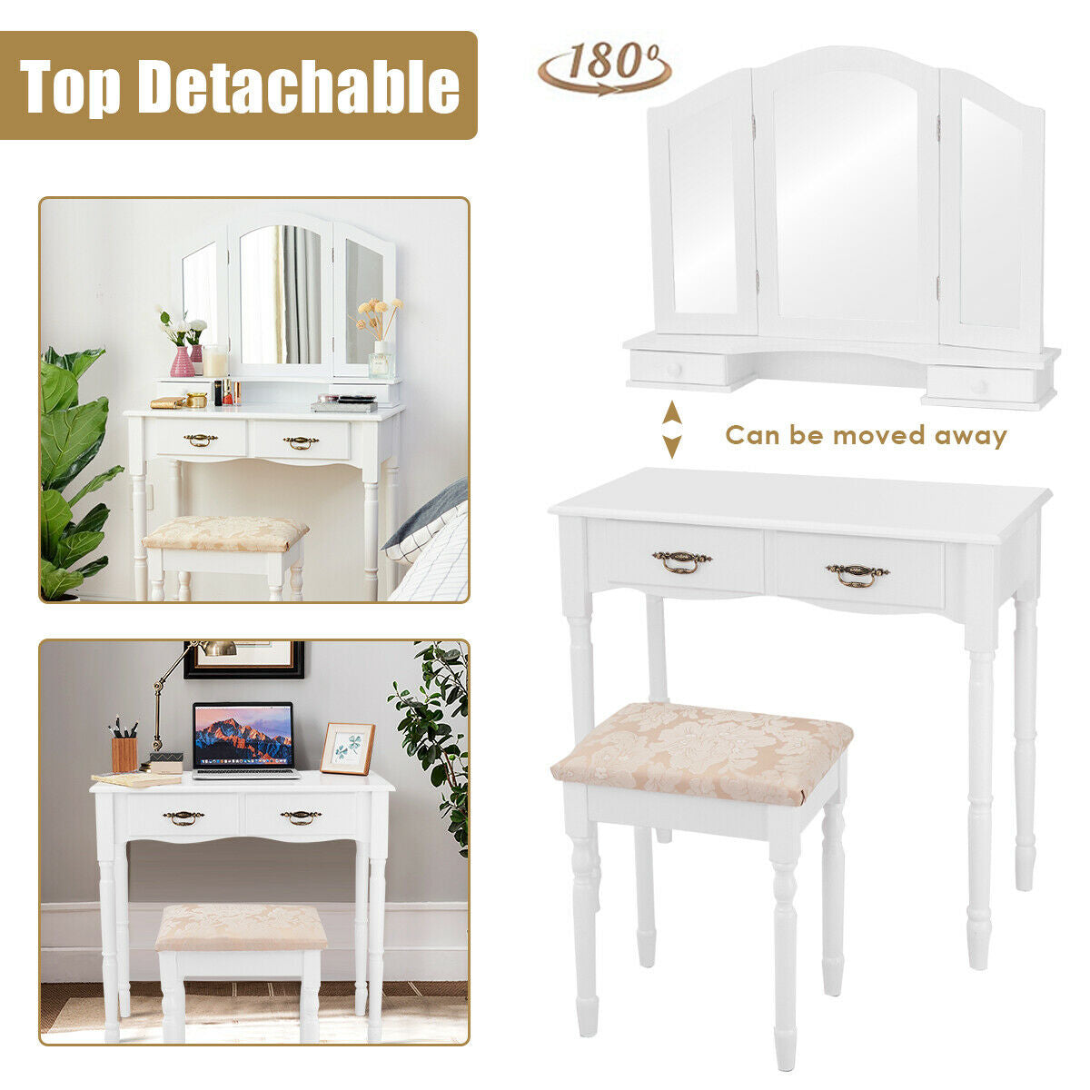 Makeup Vanity Set with Tri-Fold Mirror, 4 Drawers & Stool - White