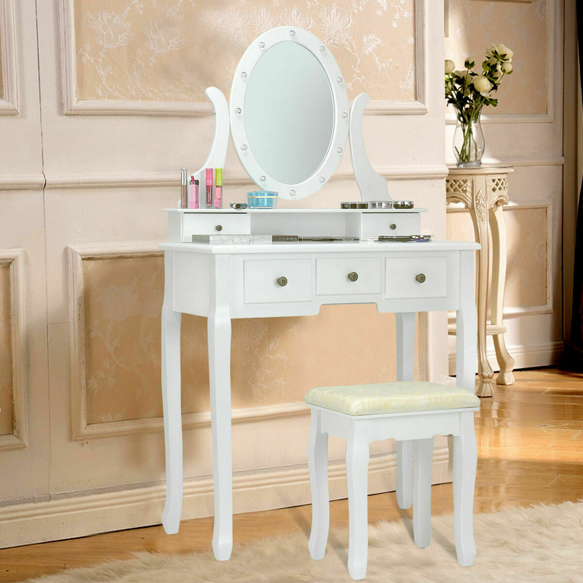 5-Drawer Vanity Table Set with Stool & 12-LED Bulbs, White
