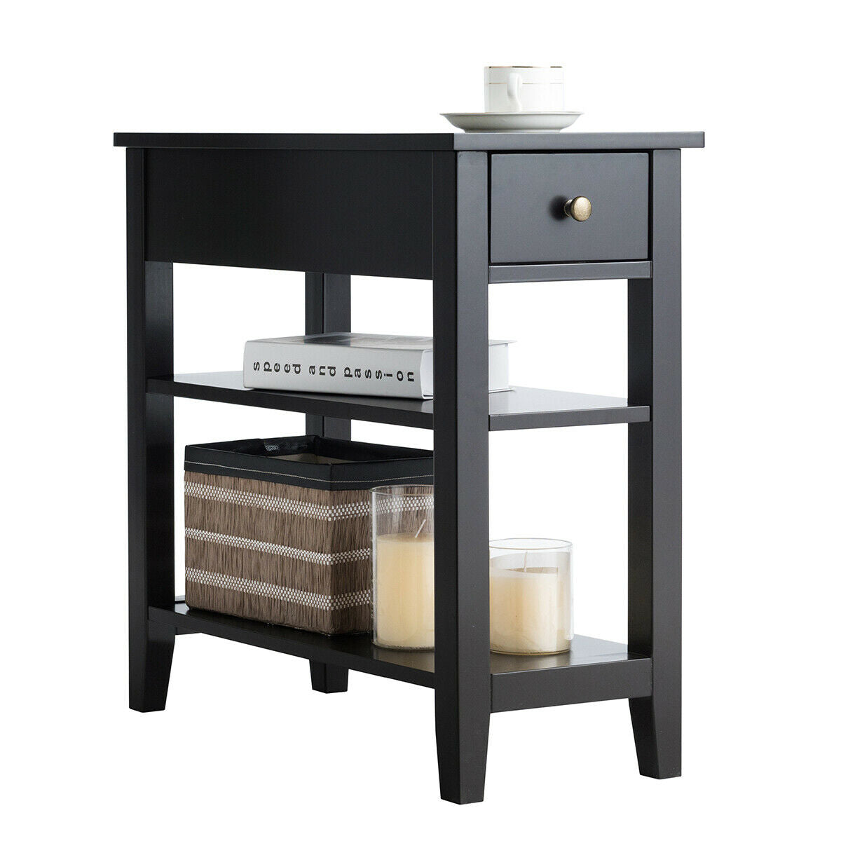 3-Tier End Table with Drawer & Shelves – Black
