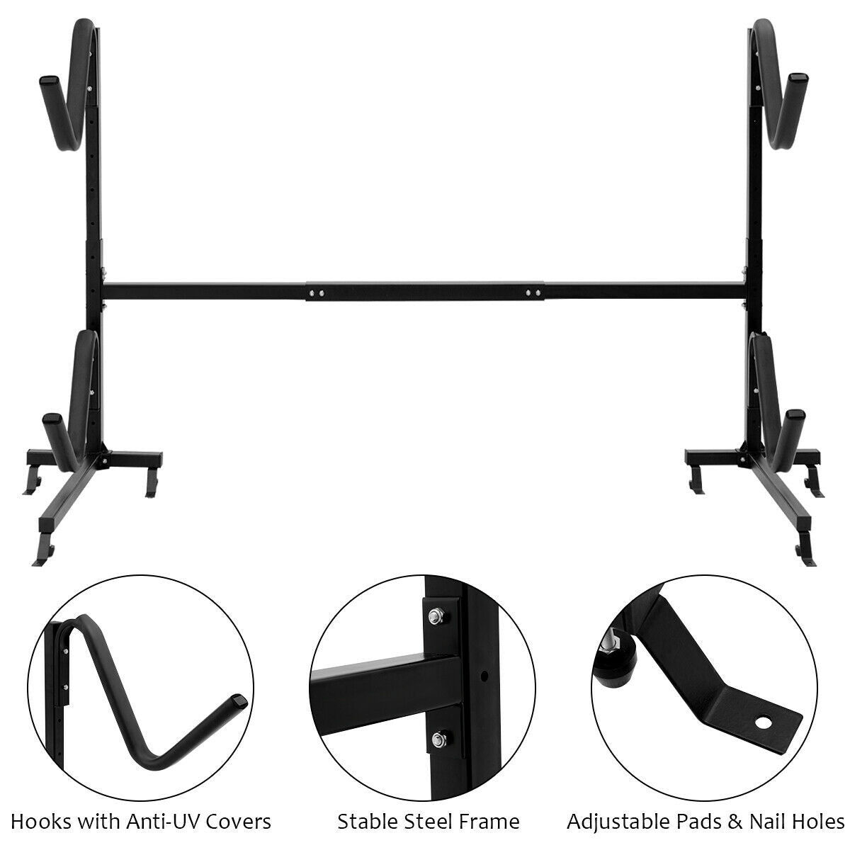 Dual Kayak Storage Rack - Height Adjustable Freestanding Boat Rack with Hooks