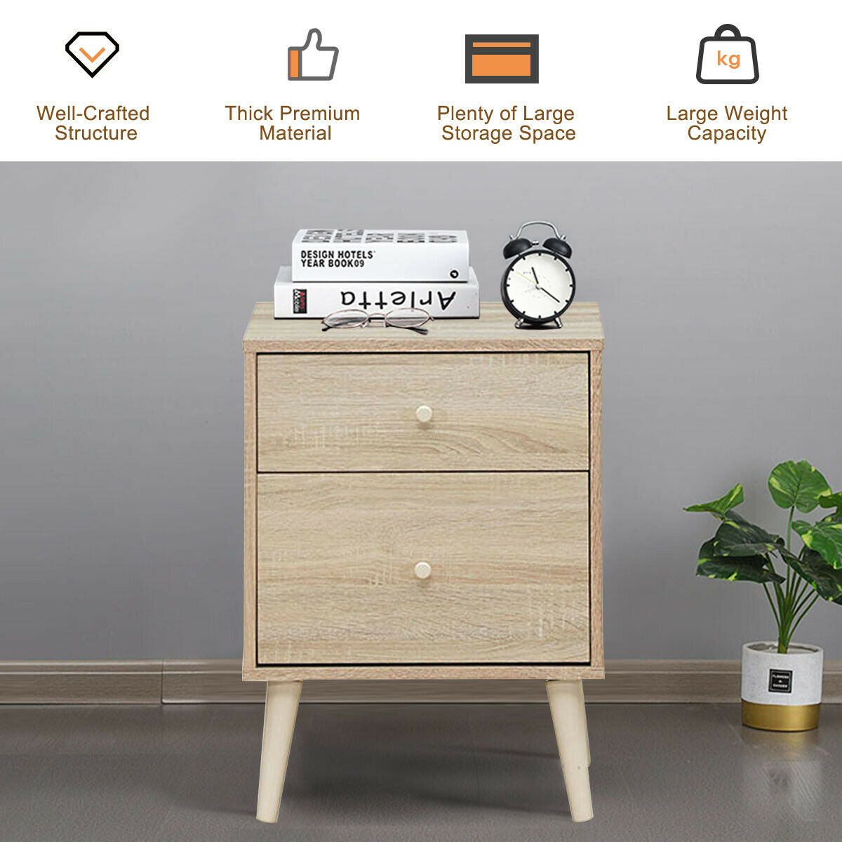 2-Drawer Nightstand with Rubber Legs - Natural