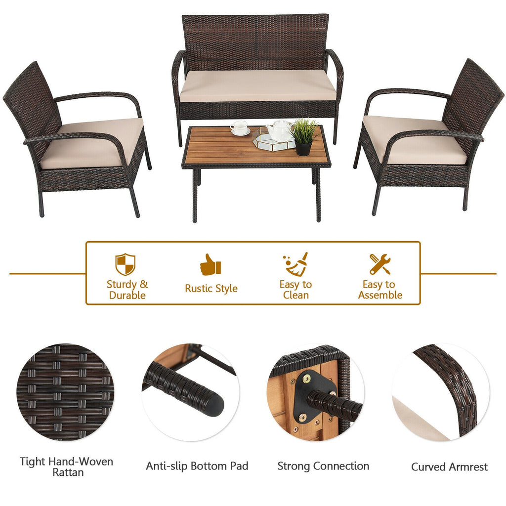 4 Pieces Patio Cushioned Wicker Conversation Set with Acacia Wood