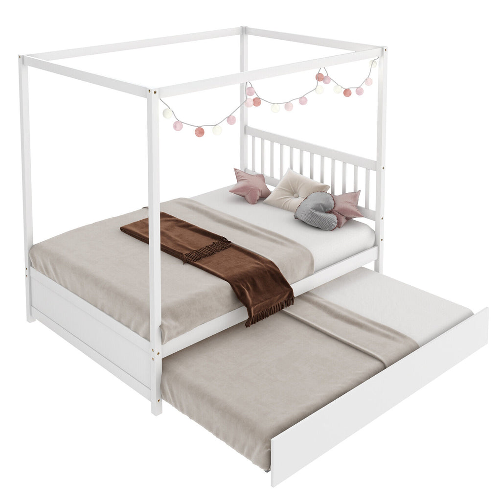 Full Size Canopy Bed Frame with Trundle & Headboard - White