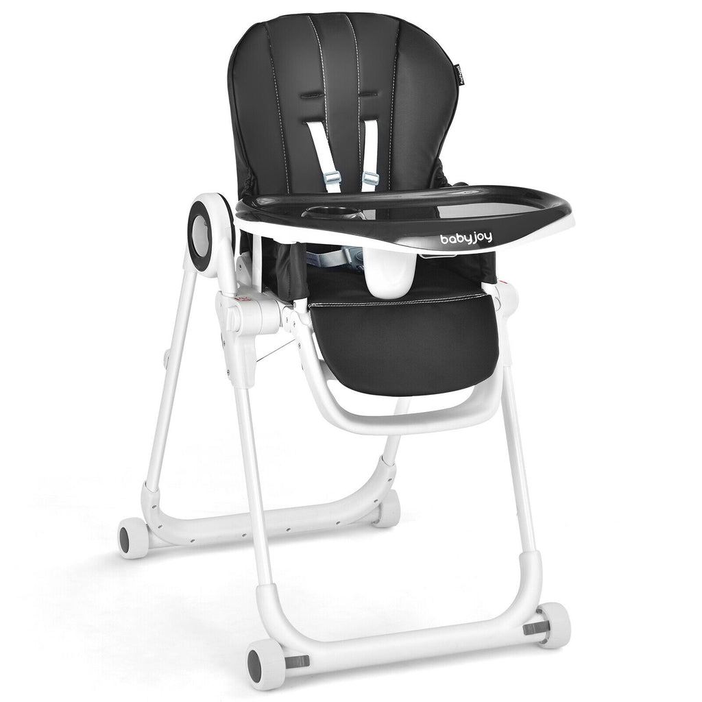 Baby High Chair Foldable Feeding Chair with Lockable Wheels - Black