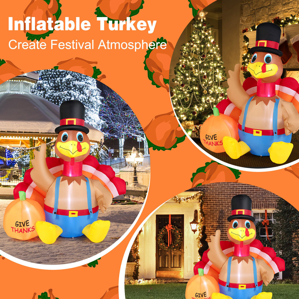 6 Feet Inflatable Thanksgiving Turkey and Pumpkin Yard Decor with Lights