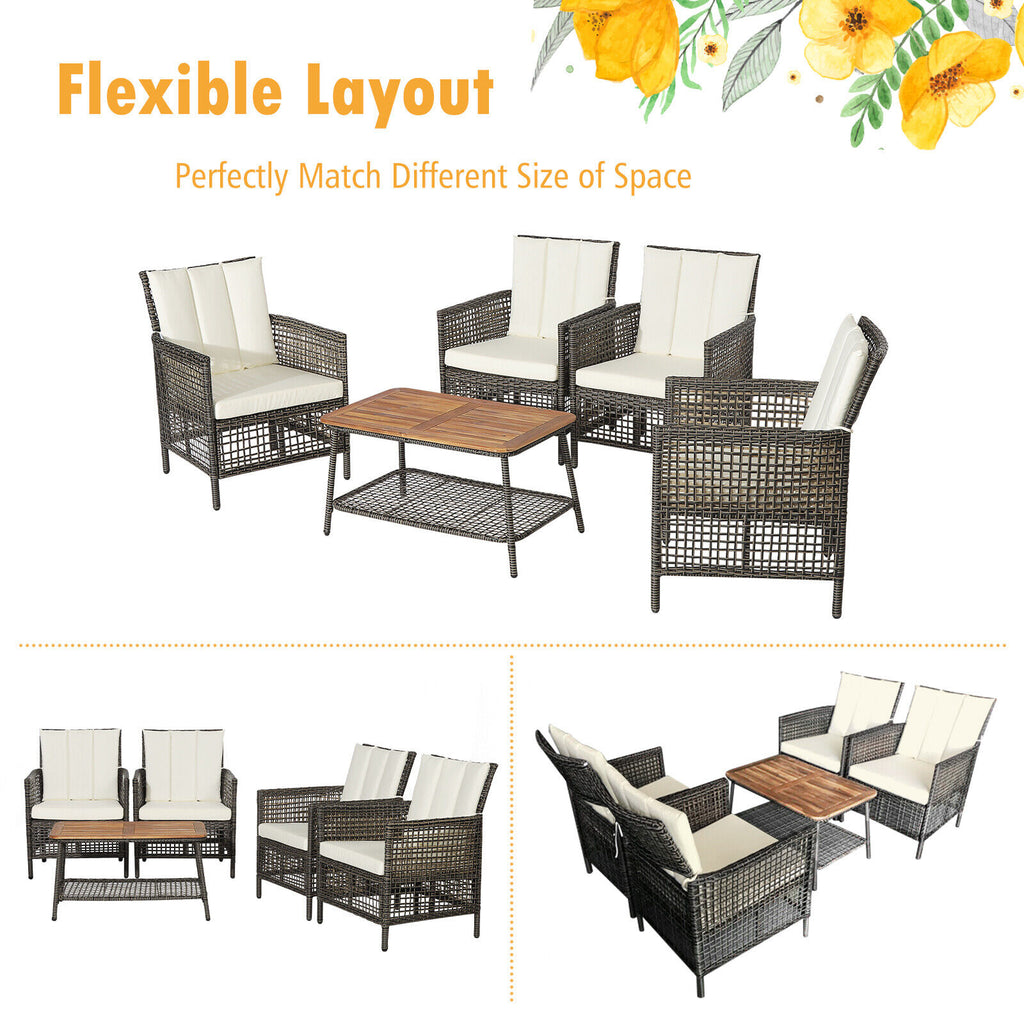 5 Pieces Patio Rattan Furniture Set Cushioned Sofa Armrest Wooden
