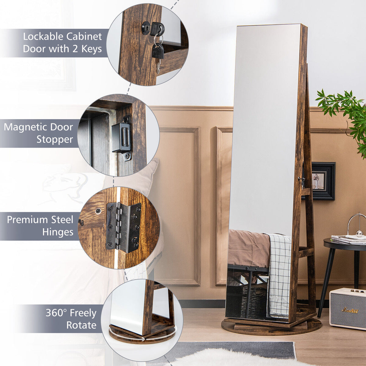 360° Rotating Jewelry Cabinet with Mirror & LED Light - Brown, 5 Shelves