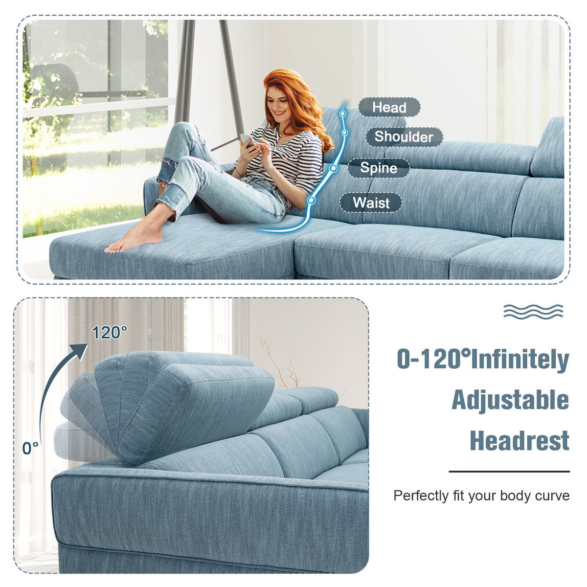 105 Inch L-Shaped Sofa Couch with Adjustable Headrests, Blue