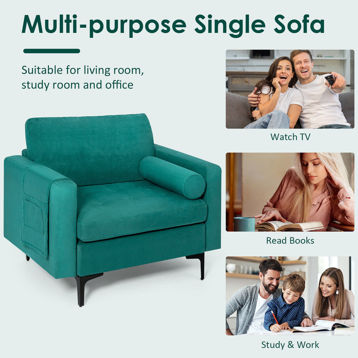 Modern Accent Chair with Storage Pocket, Teal