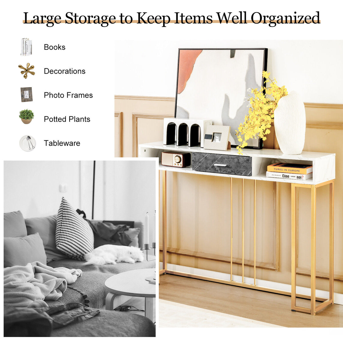 48 Inch 2-Tier Console Table with Drawer, White
