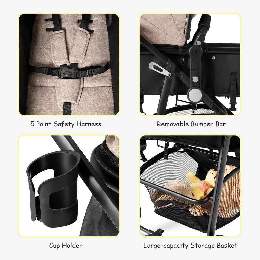 2-in-1 Foldable Infant Baby Stroller with Cup Holder - Light Brown, Newborn to 36 Months