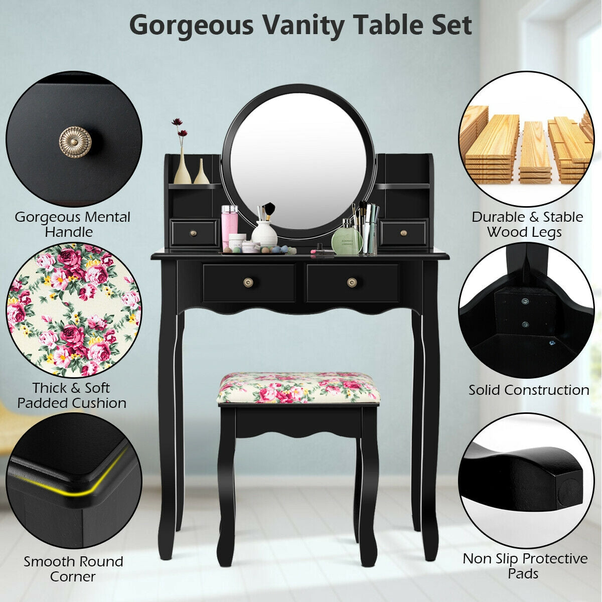 Makeup Vanity Table Set with 360° Rotating Mirror - Black
