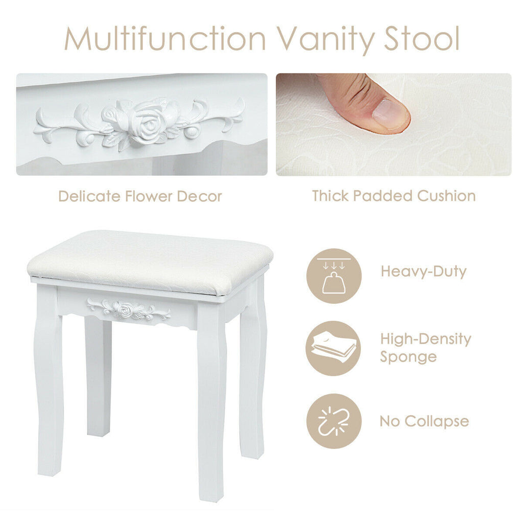 Dimmable Vanity Table Set with Lighted Mirror and Cushioned Stool, White