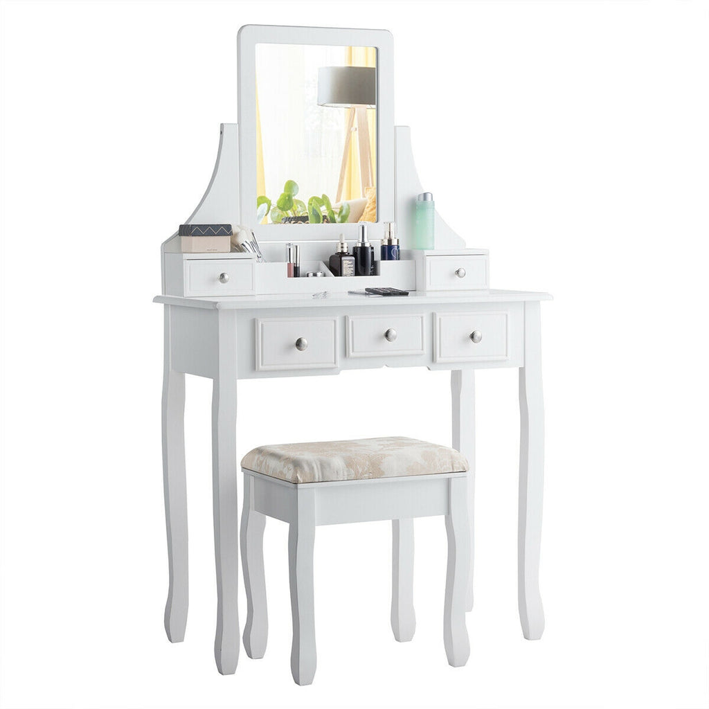 Makeup Vanity Set with Mirror and Cushioned Stool, White