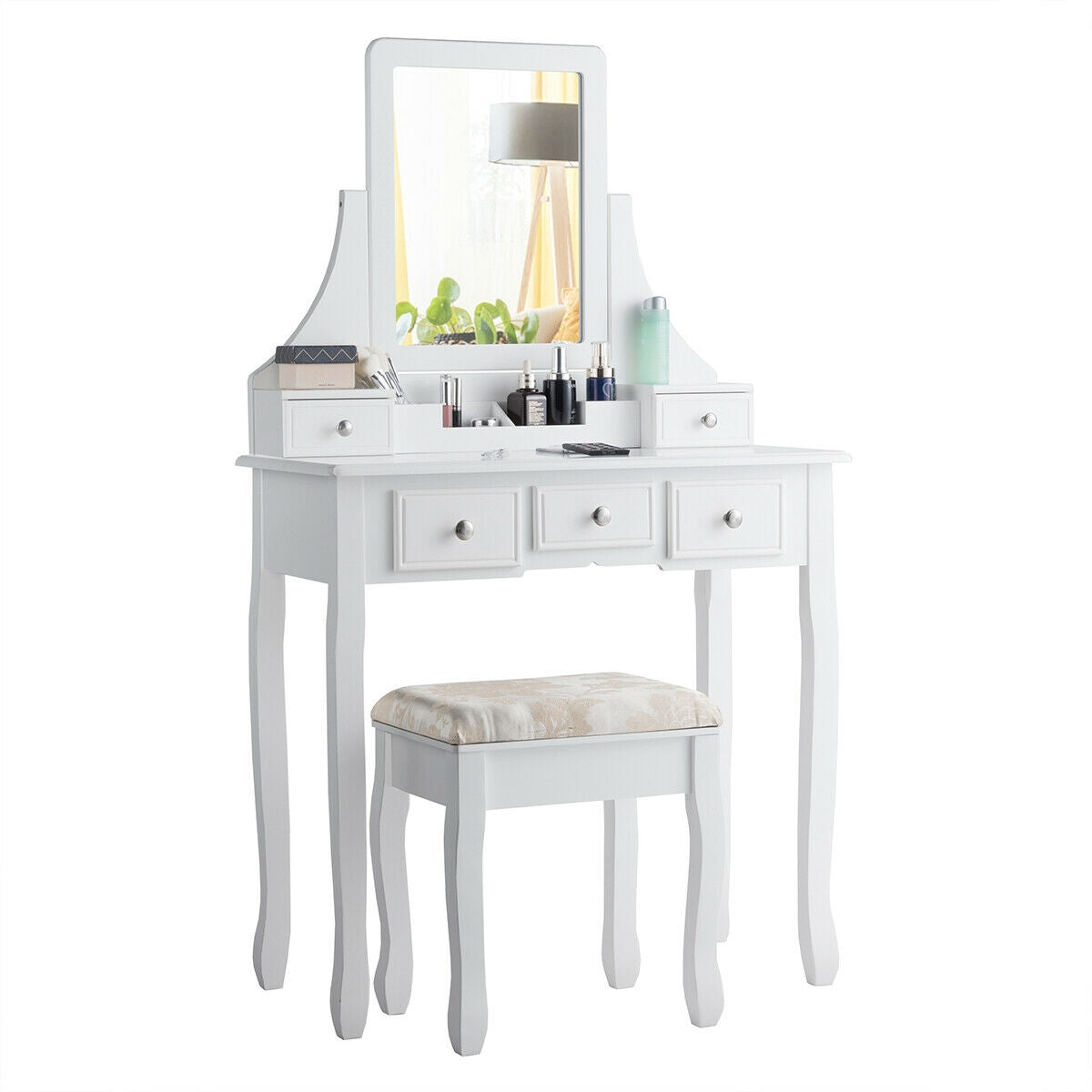 Makeup Vanity Set with Mirror and Cushioned Stool, White
