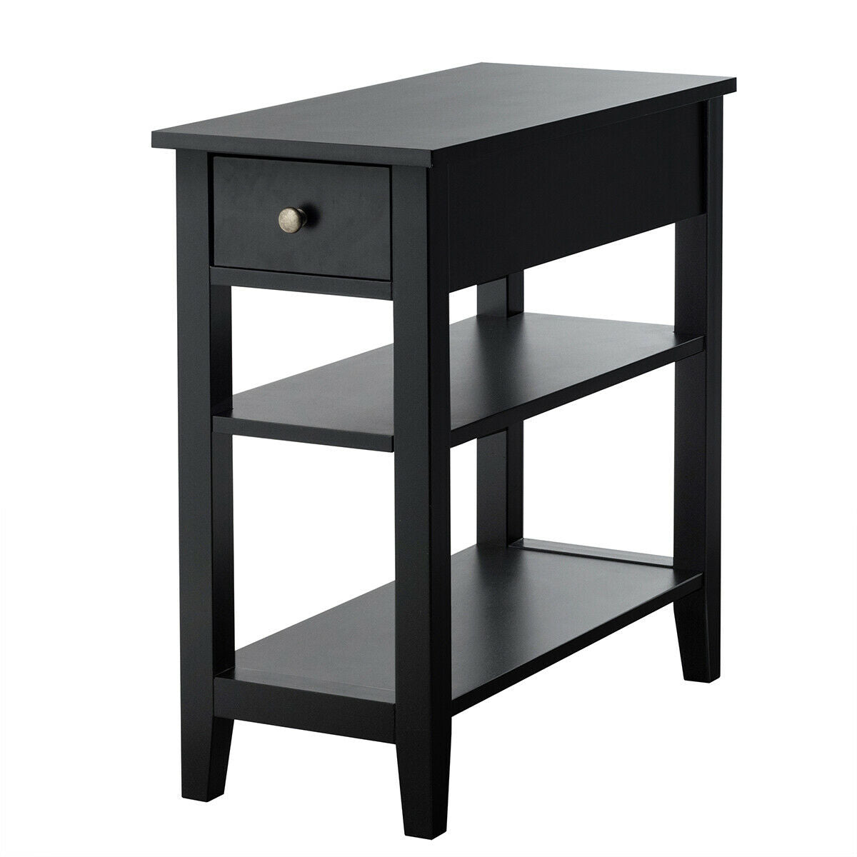 3-Tier End Table with Drawer & Shelves – Black