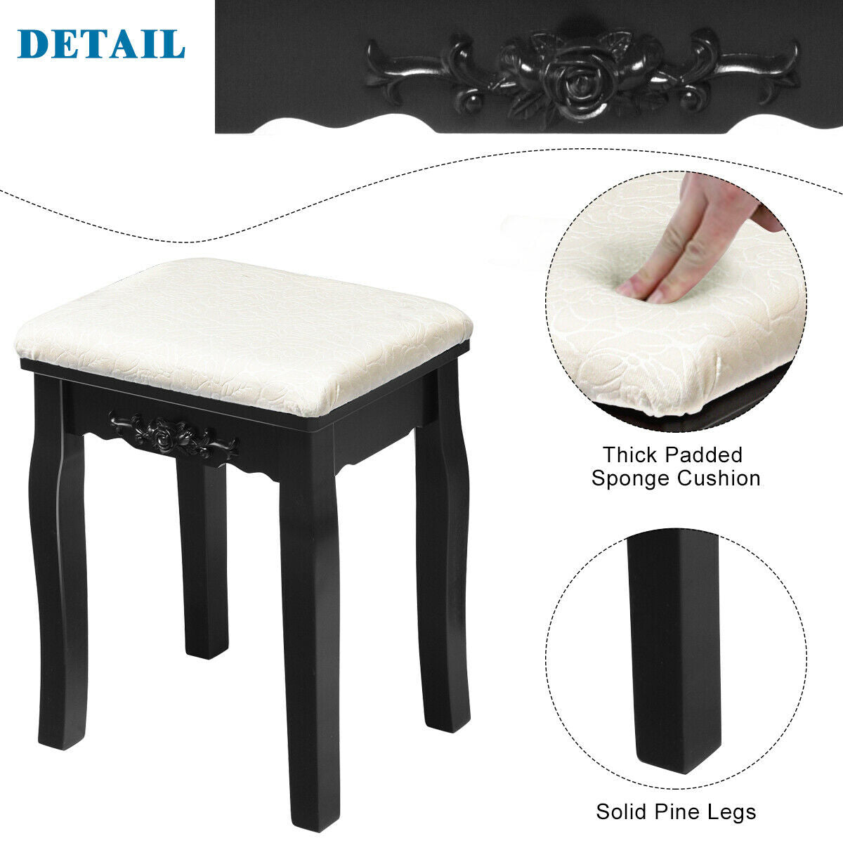 Dressing Table with Lighted Mirror and Stool - Square, Black