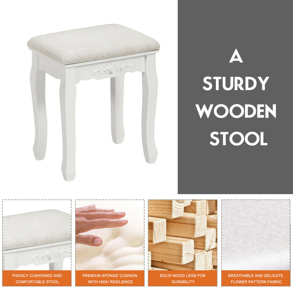Wood Vanity Table Set with Mirror & Stool - White, 2 Drawers
