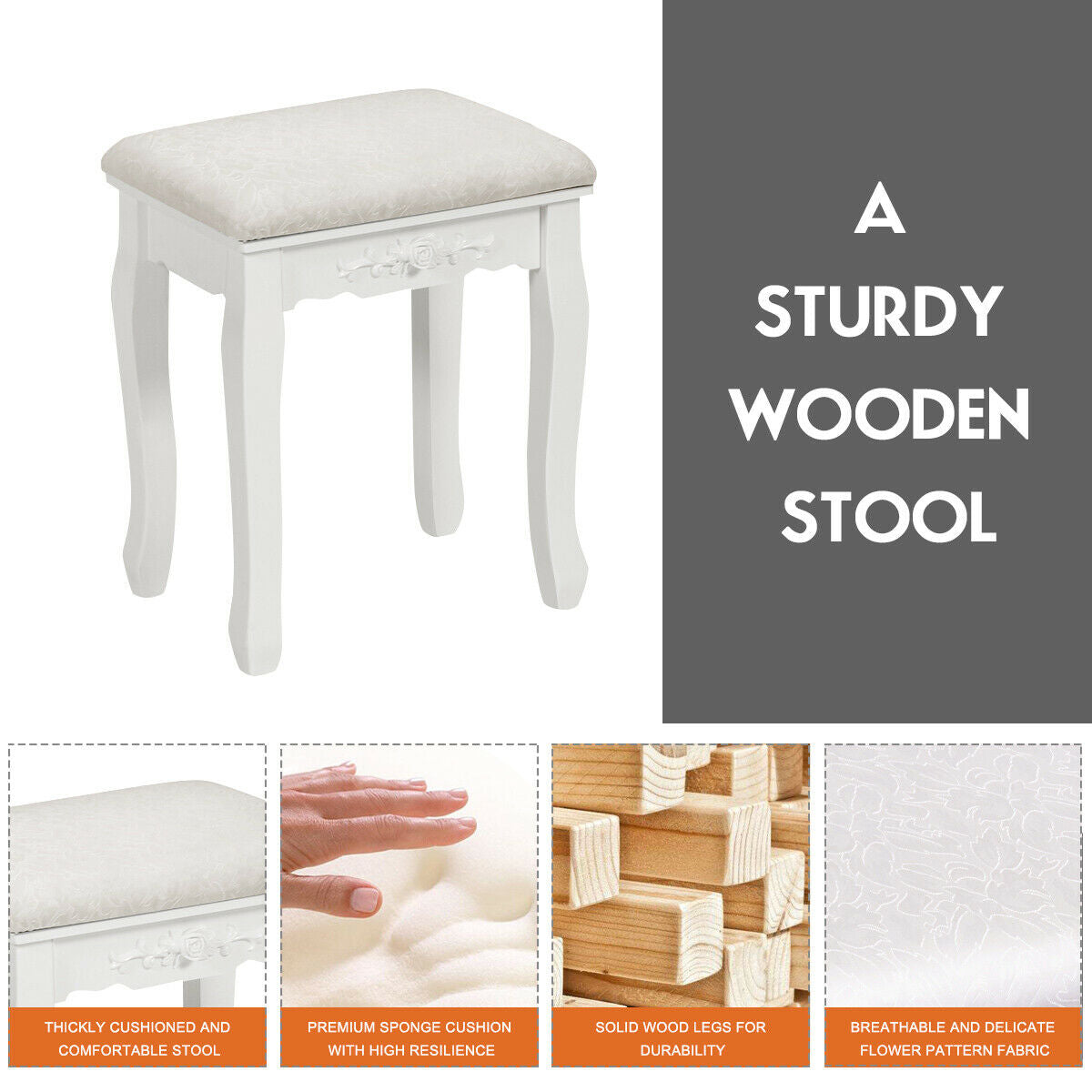 Wood Vanity Table Set with Mirror & Stool - White, 2 Drawers