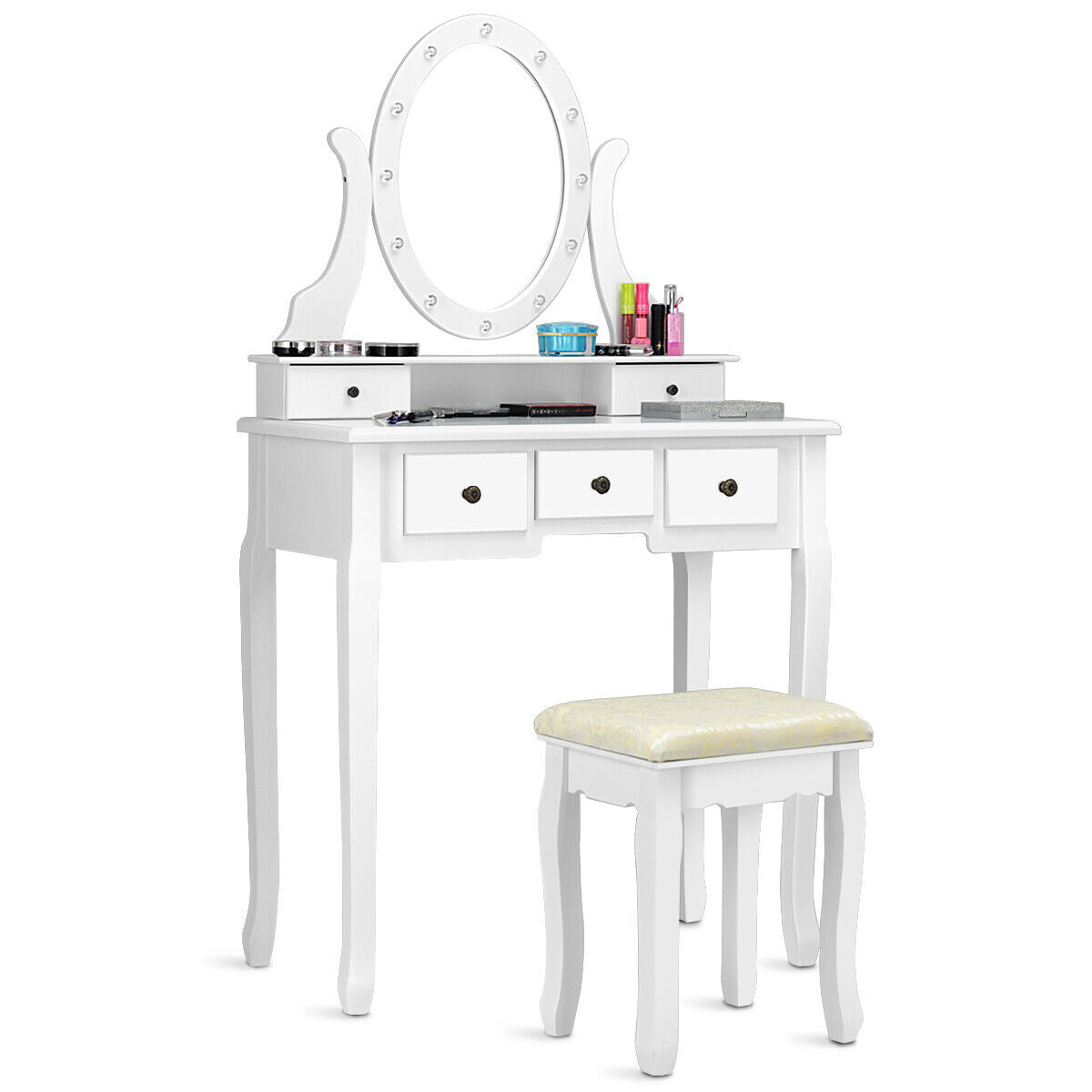5-Drawer Vanity Table Set with Stool & 12-LED Bulbs, White