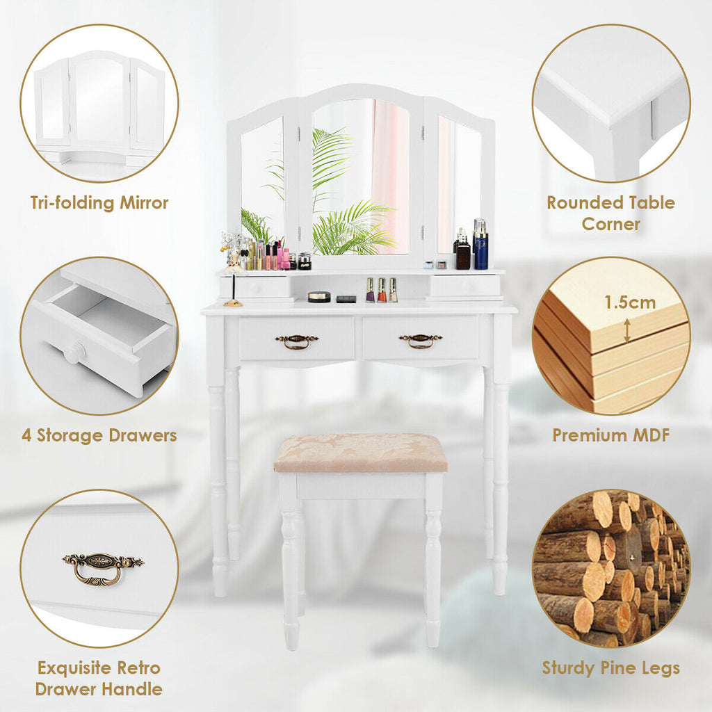 Makeup Vanity Set with Tri-Fold Mirror, 4 Drawers & Stool - White