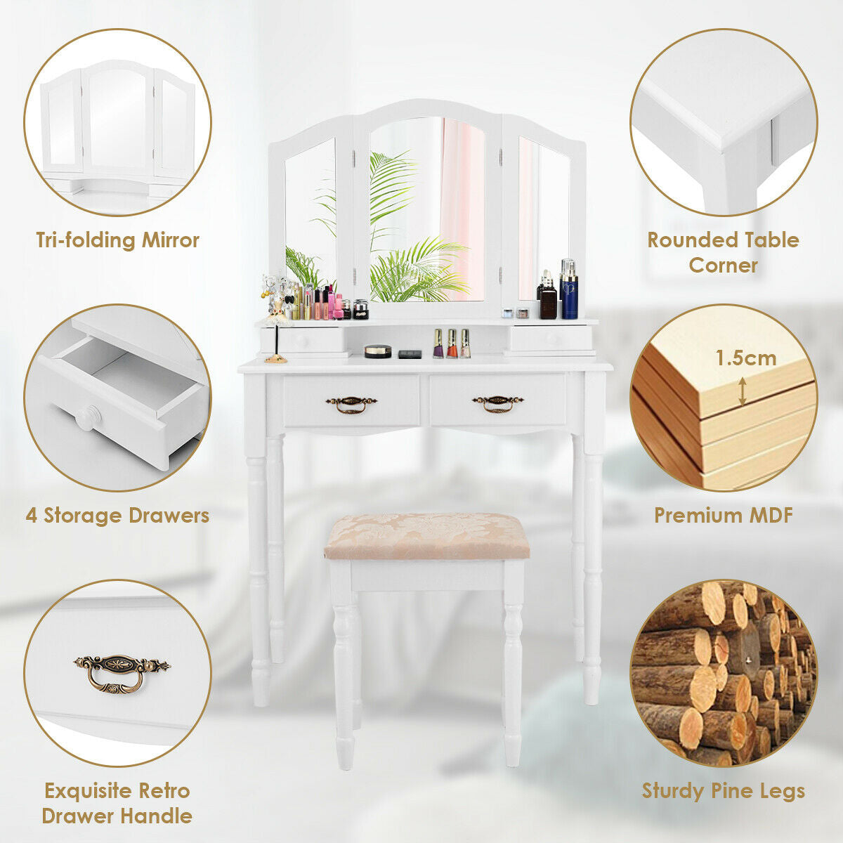 Makeup Vanity Set with Tri-Fold Mirror, 4 Drawers & Stool - White
