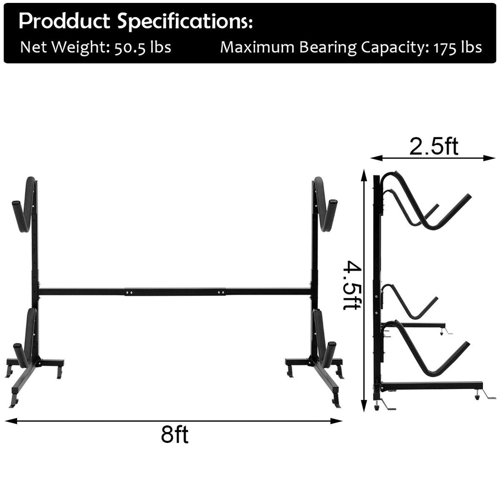 Dual Kayak Storage Rack - Height Adjustable Freestanding Boat Rack with Hooks