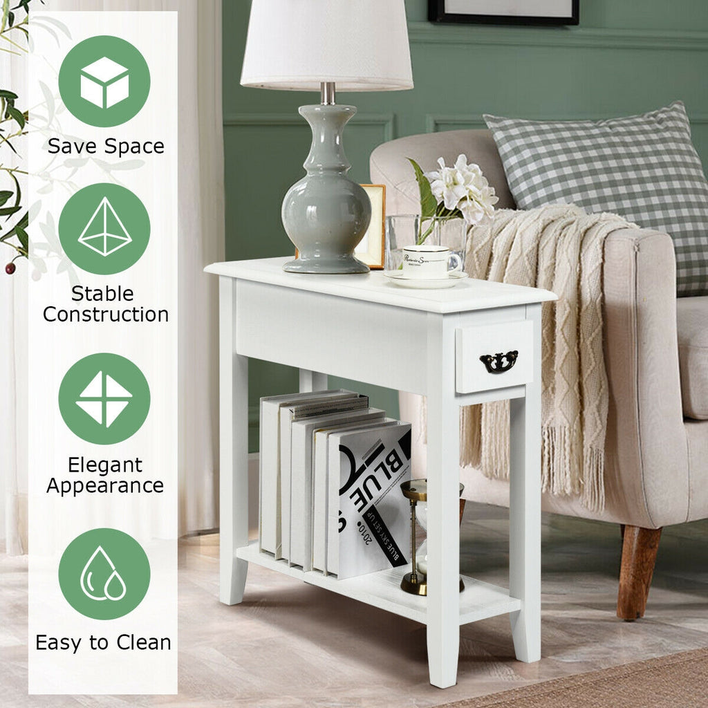 2-Tier Sofa Side Table with Drawer and Open Shelf, Set of 2, White