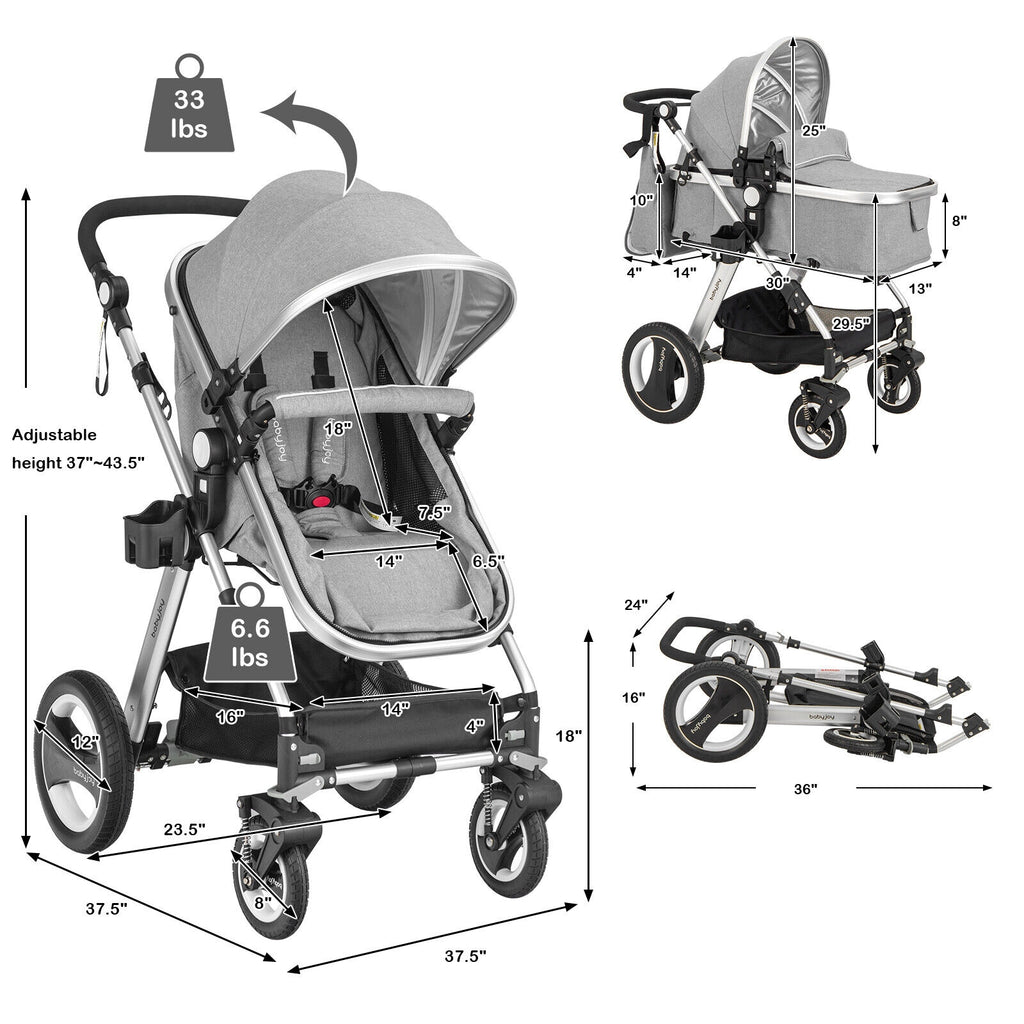 Foldable Aluminum Baby Stroller with Diaper Bag and Cup Holder - Gray