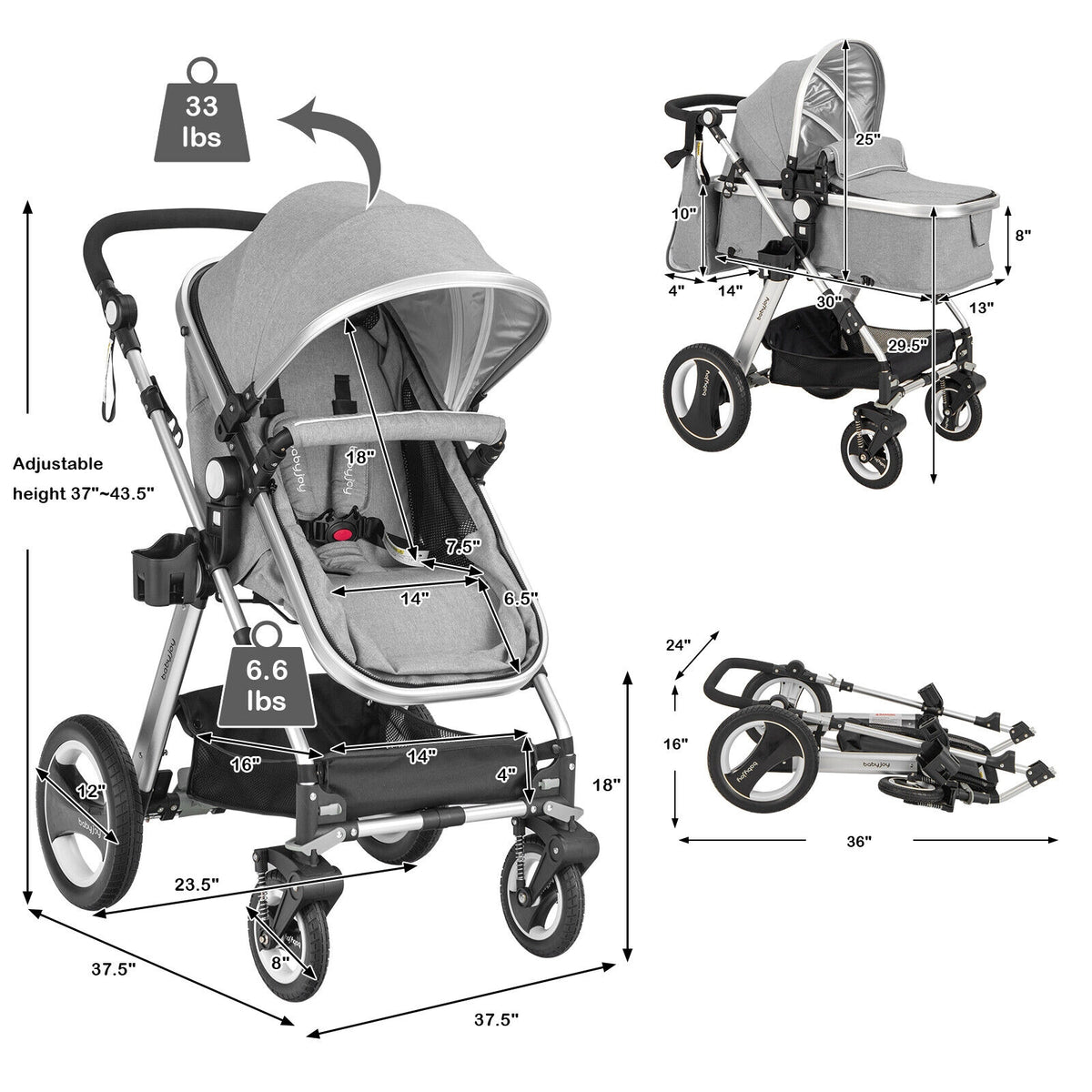 Foldable Aluminum Baby Stroller with Diaper Bag and Cup Holder - Gray