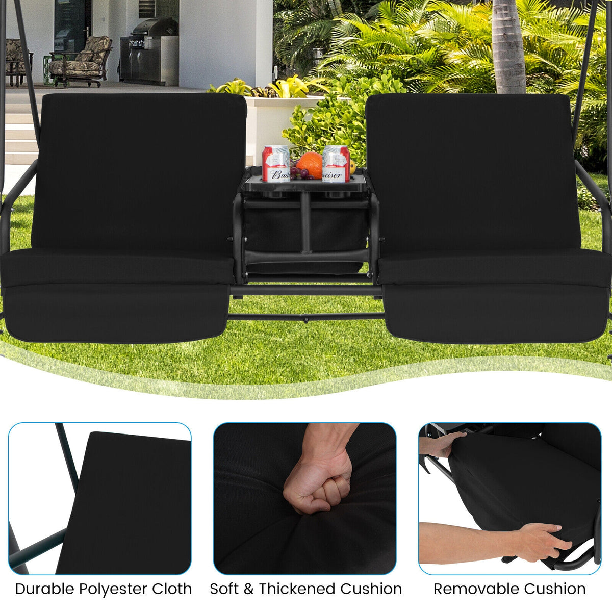 2-Seat Porch Swing with Canopy and Table - Black