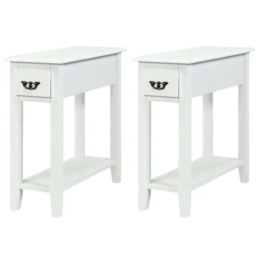 2-Tier Sofa Side Table with Drawer and Open Shelf, Set of 2, White