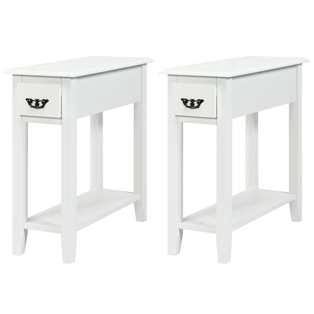 2-Tier Sofa Side Table with Drawer and Open Shelf, Set of 2, White