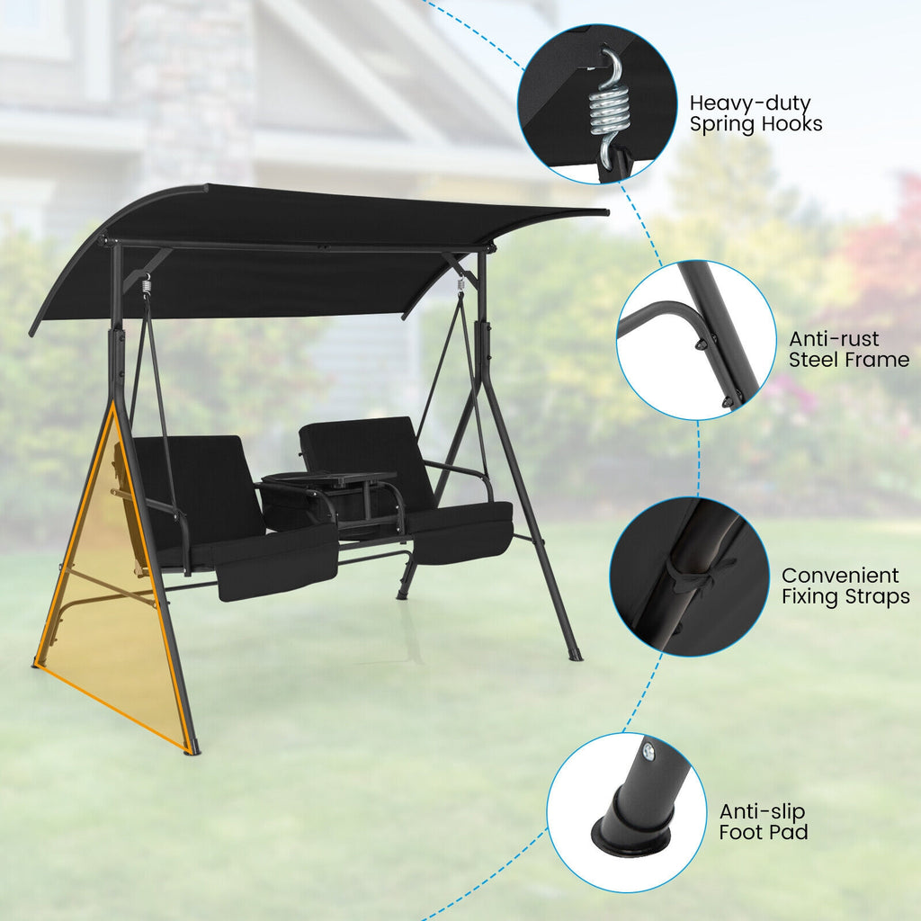 2-Seat Porch Swing with Canopy and Table - Black