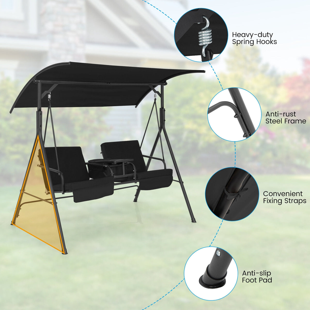2-Seat Porch Swing with Canopy and Table - Black